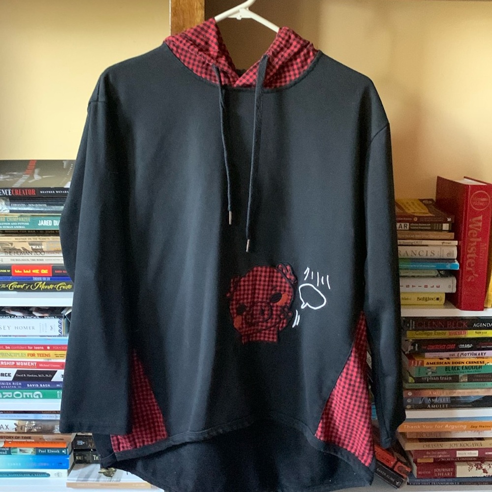 Black Hoodie with Red Plaid pattern and pig